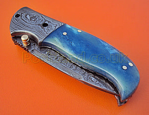 FN-95  Handmade Damascus Steel Folding Knife – Beautiful Colored Bone Handle with Damascus Steel Bolster