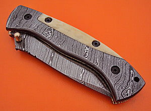 FN-U-519, Custom Handmade Full Tang Damascus Steel Folding Knife with White Bone Handle