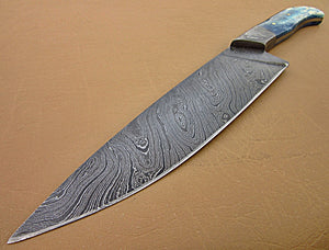 CF-315  Handmade Damascus Steel Chef Knife – Solid Colored Bone Handle with Damascus Steel Bolsters