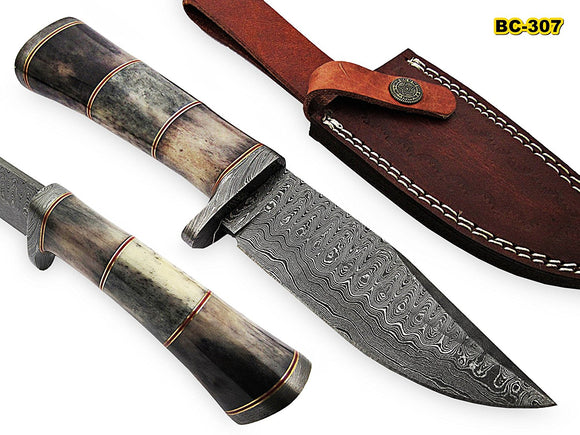 BC 307 Custom Handmade Damascus 09 Inches Steel Knife- Stunning Stained Bone Handles