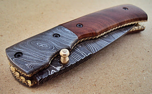 FNA-29 Custom Handmade Damascus Steel Folding Knife- Damascus Steel Bolsters - Burl Wood Handle