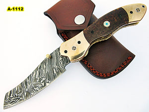 FA-1112, Custom Handmade Damascus Steel Folding Knife - Solid (G-10) Moicarta & Three Muzike Pin Handle with Browns Bolster