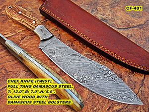 CF-32 Custom Handmade Damascus Steel Chef Knife - Beautiful Olive Wood Handle with Damascus Steel Bolster