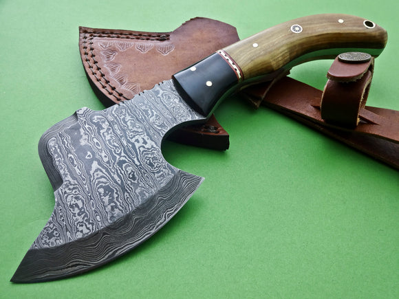 Ax-H-001,Custom Handmade Damascus Steel 9 Inches Axe - Exotic Wood and Bull Horn Handle