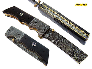 FNA-1168, Custom Handmade Damascus Steel 8.4 Inches Tanto Style Folding Knife - Beautiful Buffalo Horn Handle with Damascus Steel Bolsters