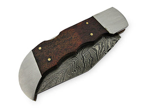 FN-70 Custom Handmade Slim Damascus Steel Folding Knife- Wallnut Wood Handle