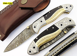 FNA-1184, Custom Handmade Damascus Steel 7.2 Inches Folding Knife - Gorgeous Hand Engraving on Bull Horn and Brass Handle