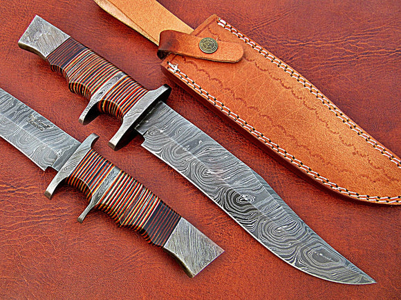 RG-243 Custom Handmade 13.00 Inches Damascus Steel Bowie Knife – Beautiful Three Tone Micarta Handle with Double Damascus Steel Guard