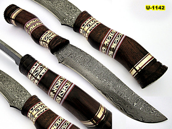 REG-HKU-1142, Custom Handmade 12.00 Inches Damascus Steel Bowie Knife – Gorgeous Brass Work on Rose Wood Handle