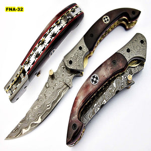 FNA-322 Custom Handmade Damascus Steel Folding Knife - Beautiful Camel Bone Handle with Damascus Steel Bolsters