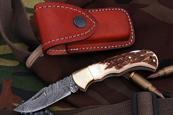 FN-9005, Custom Handmade Damascus Steel 6.04 Inches Folding Knife - Beautiful Stage Handle with Brass Bolster