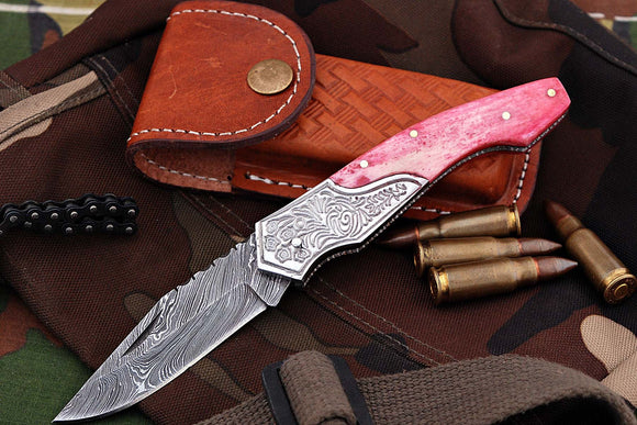 FN-04, Custom Handmade Damascus Steel 7.4 Inches Folding Knife - Beautiful Colored Camel Bone Handle with Damascus Steel Bolster