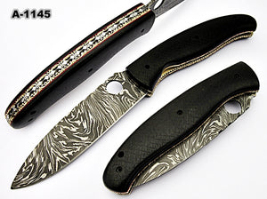 FN-56 Custom Handmade Damascus Steel Folding Knife - Beautiful Black Micarta Handle
