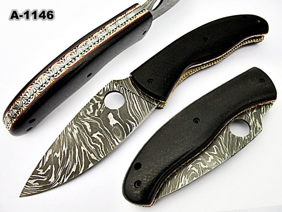 FNA-1146, Custom Handmade Damascus Steel Folding Knife - Beautiful Black Micarta Handle