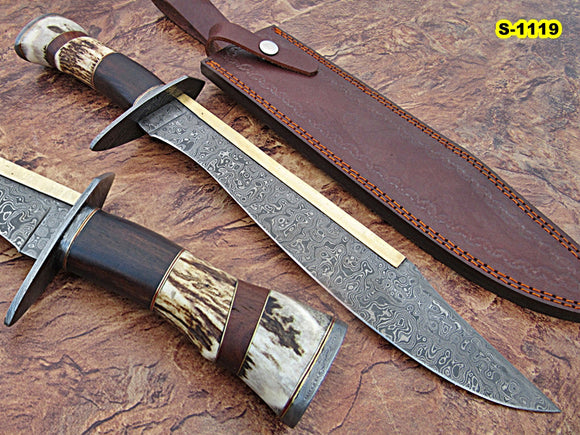 RG-218 Custom Handmade Damascus Steel 17.00 Inches Hunting Knife - Best Quality Rose Wood and Stag Horn Handle with Damascus Steel Guard
