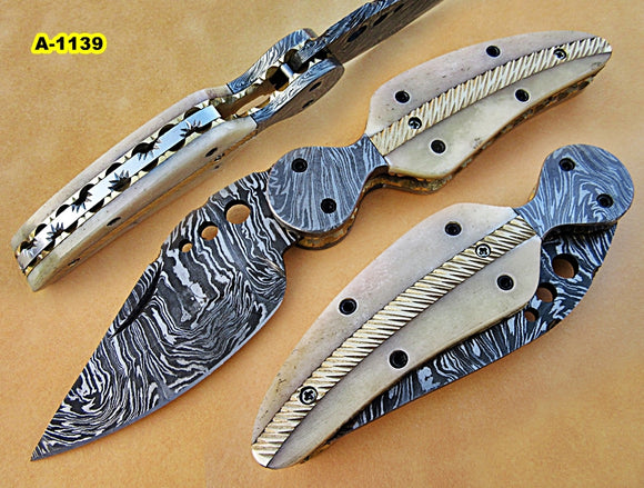FNA-1139, Custom Handmade Damascus Steel Folding Knife - Beautiful Bone & Brass Handle with Damascus Steel Bolsters