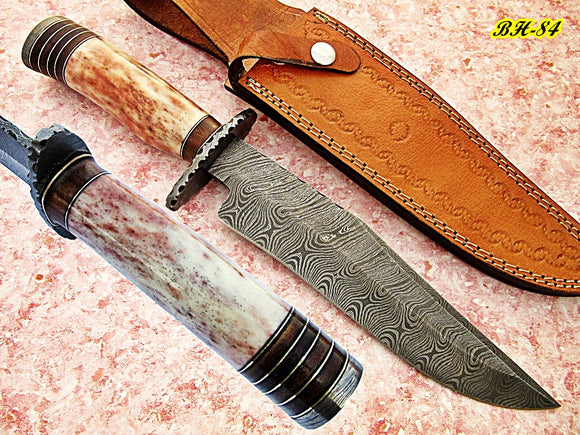 RG-17 Handmade Damascus Steel 14.00 Inches Bowie Knife - Exotic Rose Wood and Colored Bone Handle with Damascus Steel Guard