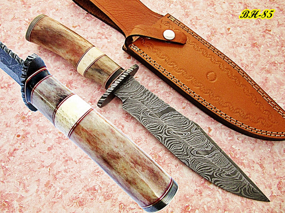 RG-85, Handmade Damascus Steel 13.40 Inches Bowie Knife - Colored Bone and Bull Horn Handle with Damascus Steel Guard