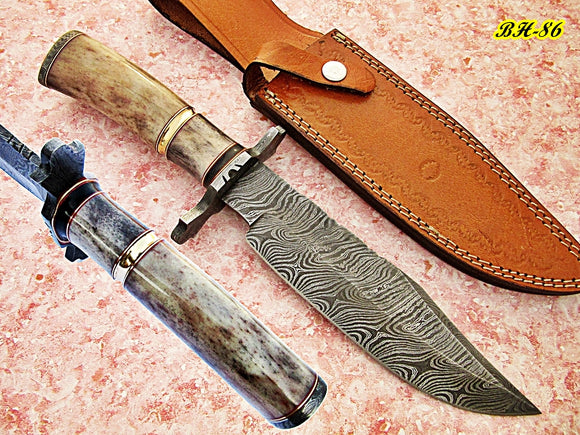 RG-86, Handmade Damascus Steel 13.00 Inches Bowie Knife - Colored Bone and Bull Horn Handle with Damascus Steel Guard
