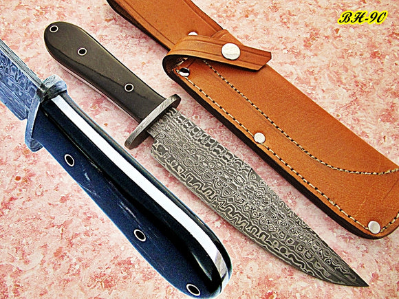 RG-90, Handmade Damascus Steel 12.20 Inches Bowie Knife - Buffalo Horn Handle with Damascus Steel Guard