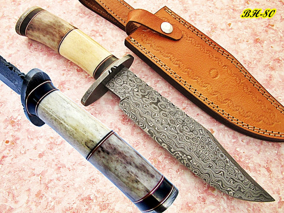RG-80, Handmade Damascus Steel 13.00 Inches Bowie Knife - Colored Bone Handle with Damascus Steel Guard