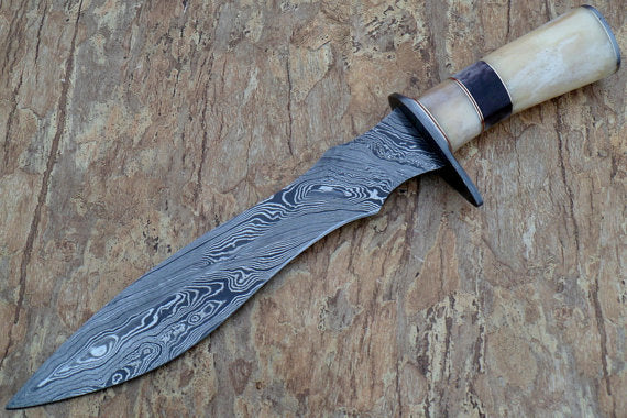 RG-33 Custom Damascus Steel 15 Inches Bowie Knife- Colored Bone Handle
