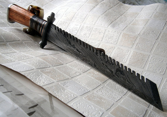REG-324, Handmade Damascus Steel 17 Inches Hunting Knife - Beautiful Stained Bone and Marindi Wood Handle