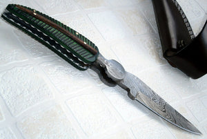 FN-87 Custom Handmade Slim Damascus Steel Folding Knife-  Stunning Handle