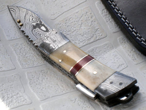 RP-51 D Custom Handmade Damascus Steel Folding Knife- Camel Bone Handle Fixed with Brass Pins and Red Fiber Spacers