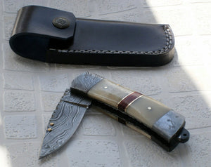 RP-51 D Custom Handmade Damascus Steel Folding Knife- Camel Bone Handle Fixed with Brass Pins and Red Fiber Spacers