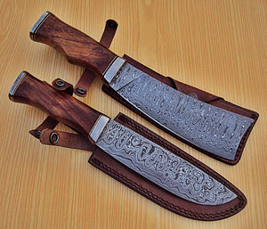 REG 1318 B Handmade Damascus Steel Knife Set - Stunning Wide Blade with Walnut Wood Handle