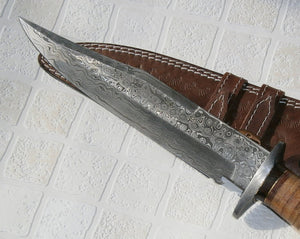RG-163 Handmade Damascus Steel Hunting Knife - Beautiful Leather Handle