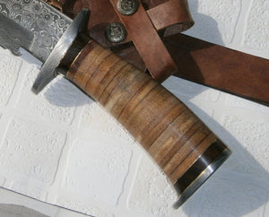 RG-163 Handmade Damascus Steel Hunting Knife - Beautiful Leather Handle