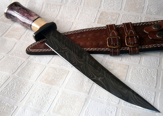 RG-134, Handmade Damascus Steel 15 Inches Hunting Knife - Stained Bone Handle