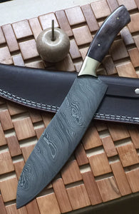 RK 723 Style Damascus Steel Chef Knife – Brass Bolsters & Colored Bone Handle