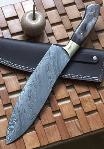 RK 723 Style Damascus Steel Chef Knife – Brass Bolsters & Colored Bone Handle