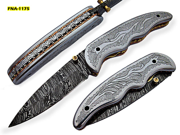 FNA-1175, Custom Handmade Damascus Steel 7.3 Inches Folding Knife - Gorgeous Hand Engraving on Stainless Steel Handle