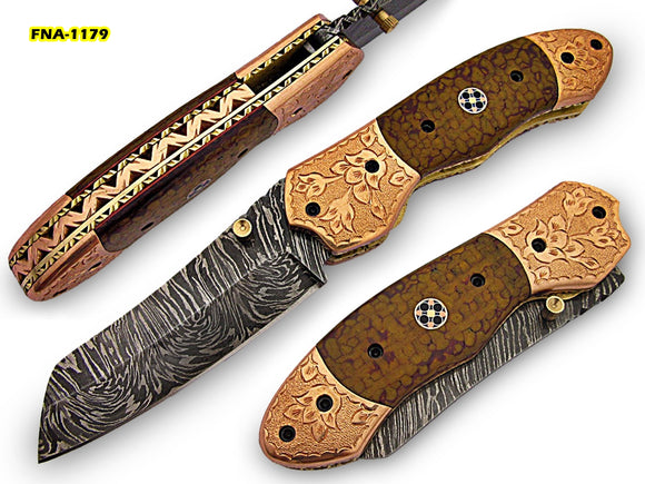 FNA-1179, Custom Handmade Damascus Steel 8.4 Inches Tanto Style Folding Knife - Gorgeous Hand Engraving on Snake Micarta and Browns Metal Handle
